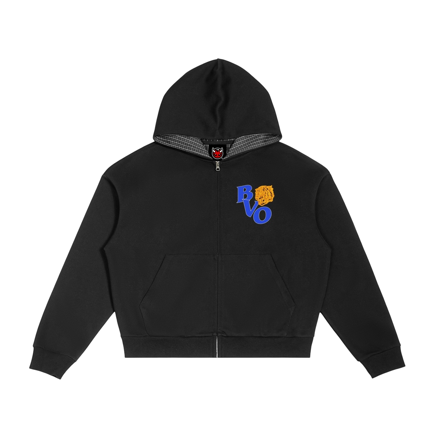 FRAT LOGO CONTRAST PLAID ZIP HOODIE [BLACK]