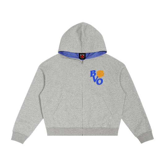 FRAT LOGO CONTRAST PLAID ZIP HOODIE [GREY]
