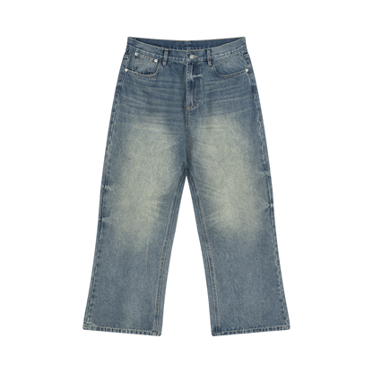 BVO® DENIM VINTAGE WASH WIDE LEG JEANS [BLUE]