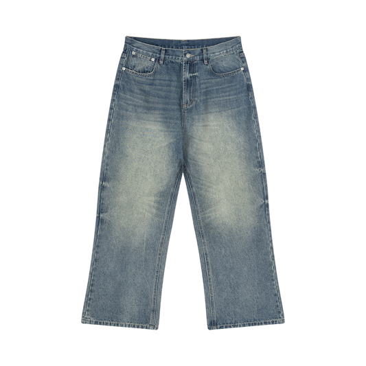 BVO® DENIM VINTAGE WASH WIDE LEG JEANS [BLUE]