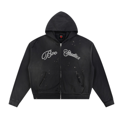 BVO® STUDIOS RAW EDGE FLEECED ZIP HOODIE [BLACK]