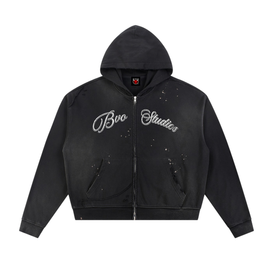 BVO® STUDIOS RAW EDGE FLEECED ZIP HOODIE [BLACK]