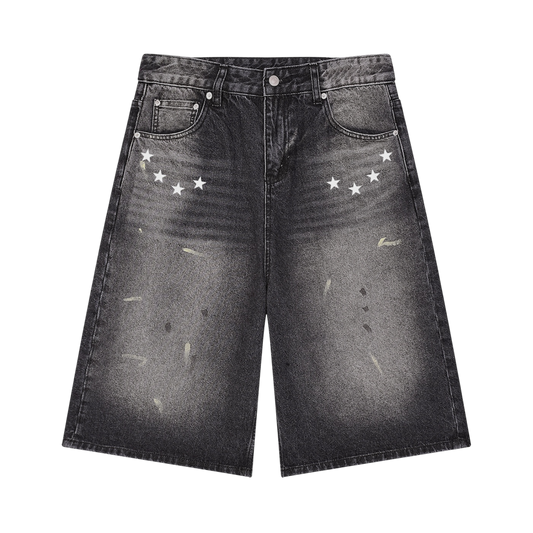 BVO® DENIM STARS VINTAGE WASH WIDE LEG SHORTS [BLACK]