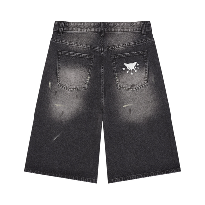 BVO® DENIM STARS VINTAGE WASH WIDE LEG SHORTS [BLACK]