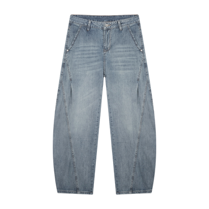 BVO® DENIM VINTAGE WASH BARREL LEG JEANS [BLUE]