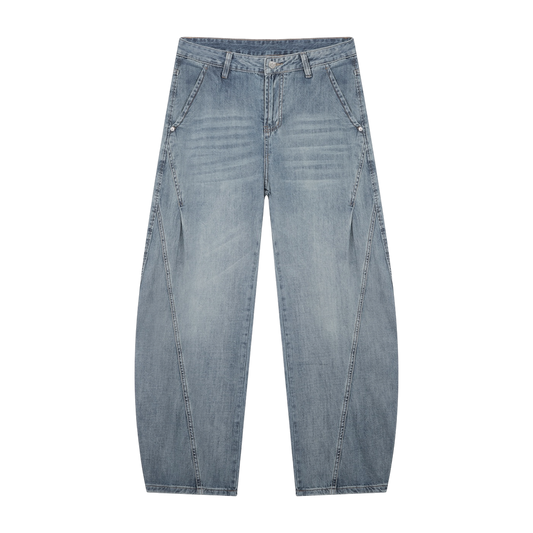 BVO® DENIM VINTAGE WASH BARREL LEG JEANS [BLUE]