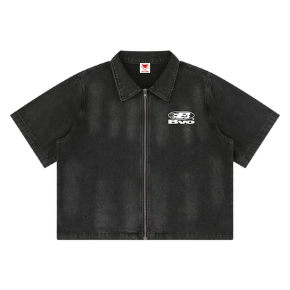 BVO® DENIM STAPLE LOGO© VINTAGE WASH FULL-ZIP SHIRT [BLACK]