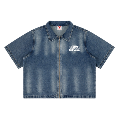 BVO® DENIM STAPLE LOGO© VINTAGE WASH FULL-ZIP SHIRT [BLUE]