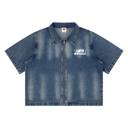 BVO® DENIM STAPLE LOGO© VINTAGE WASH FULL-ZIP SHIRT [BLUE]
