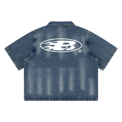 BVO® DENIM STAPLE LOGO© VINTAGE WASH FULL-ZIP SHIRT [BLUE]