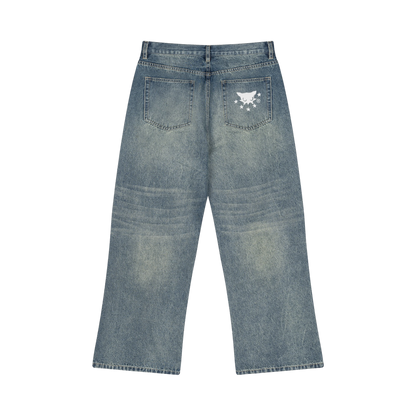 BVO® DENIM VINTAGE WASH WIDE LEG JEANS [BLUE]