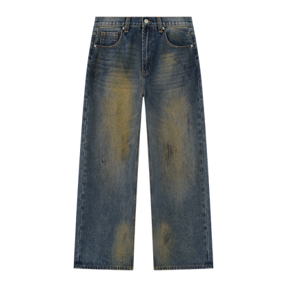 BVO® DENIM VINTAGE WASH WIDE LEG JEANS [BLUE/BRONZE]