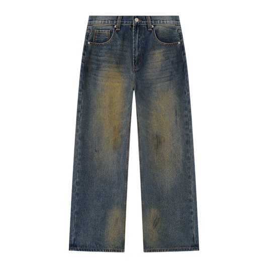 BVO® DENIM VINTAGE WASH WIDE LEG JEANS [BLUE/BRONZE]
