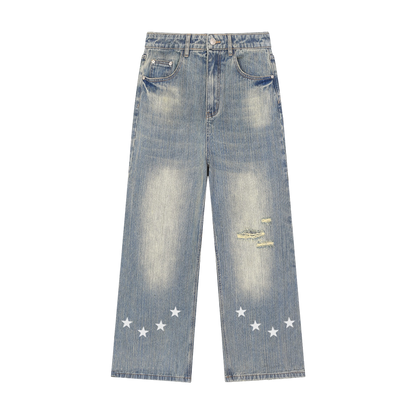 BVO® DENIM STARS VINTAGE WASH DISTRESSED JEANS [BLUE]