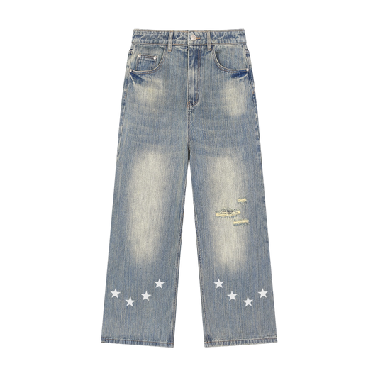 BVO® DENIM STARS VINTAGE WASH DISTRESSED JEANS [BLUE]