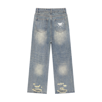 BVO® DENIM STARS VINTAGE WASH DISTRESSED JEANS [BLUE]