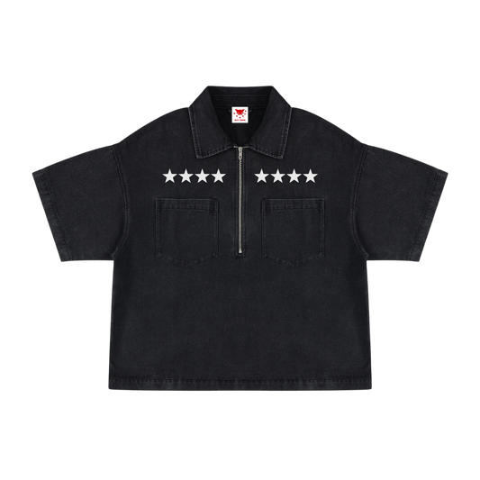 BVO® DENIM STARS VINTAGE WASH QUARTER-ZIP SHIRT [BLACK]