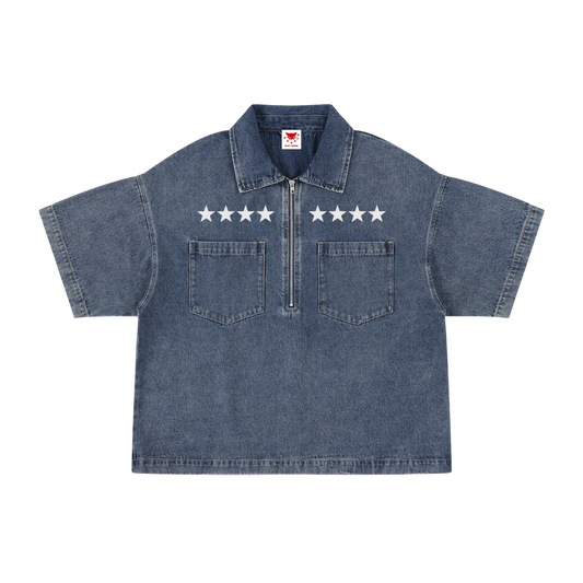 BVO® DENIM STARS VINTAGE WASH QUARTER-ZIP SHIRT [BLUE]