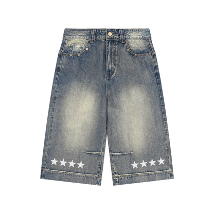 BVO® DENIM STARS VINTAGE WASH BAGGY SHORTS [BLUE]
