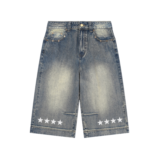 BVO® DENIM STARS VINTAGE WASH BAGGY SHORTS [BLUE]