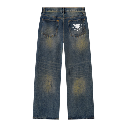 BVO® DENIM VINTAGE WASH WIDE LEG JEANS [BLUE/BRONZE]