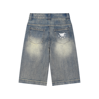 BVO® DENIM STARS VINTAGE WASH BAGGY SHORTS [BLUE]