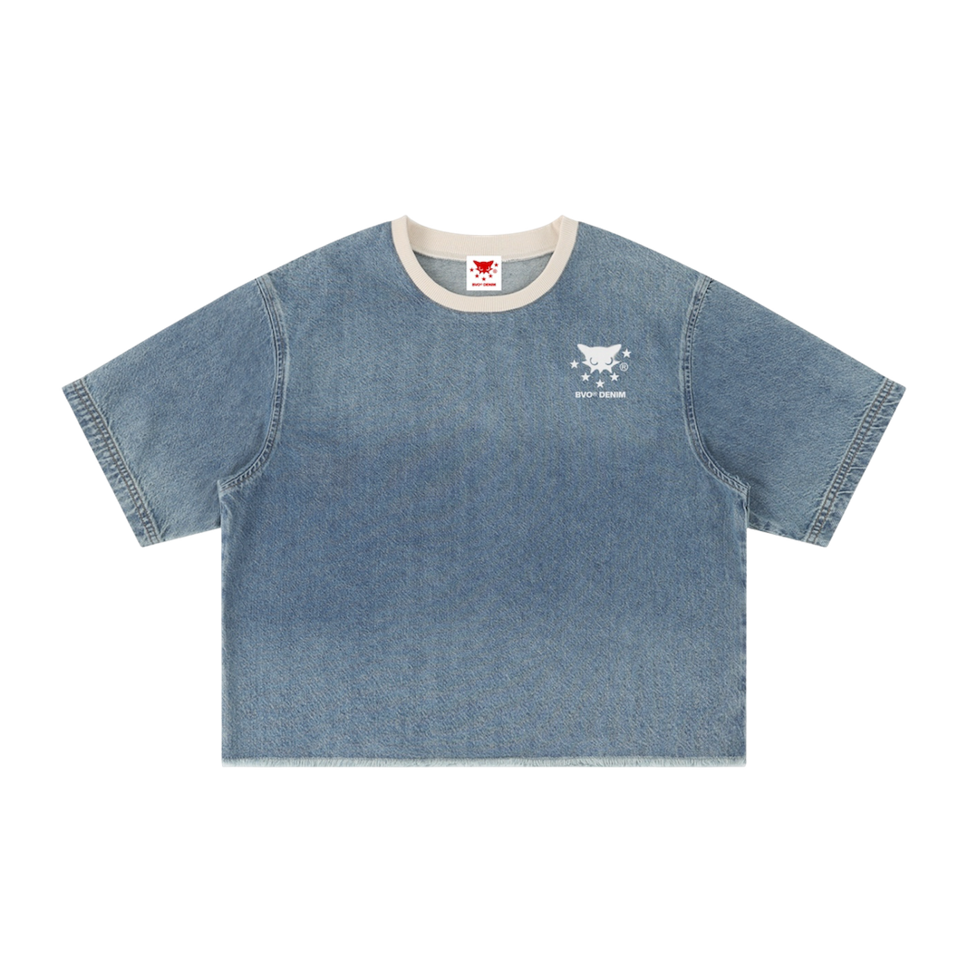 BVO® DENIM VINTAGE WASH RAW HEM TEE [BLUE]