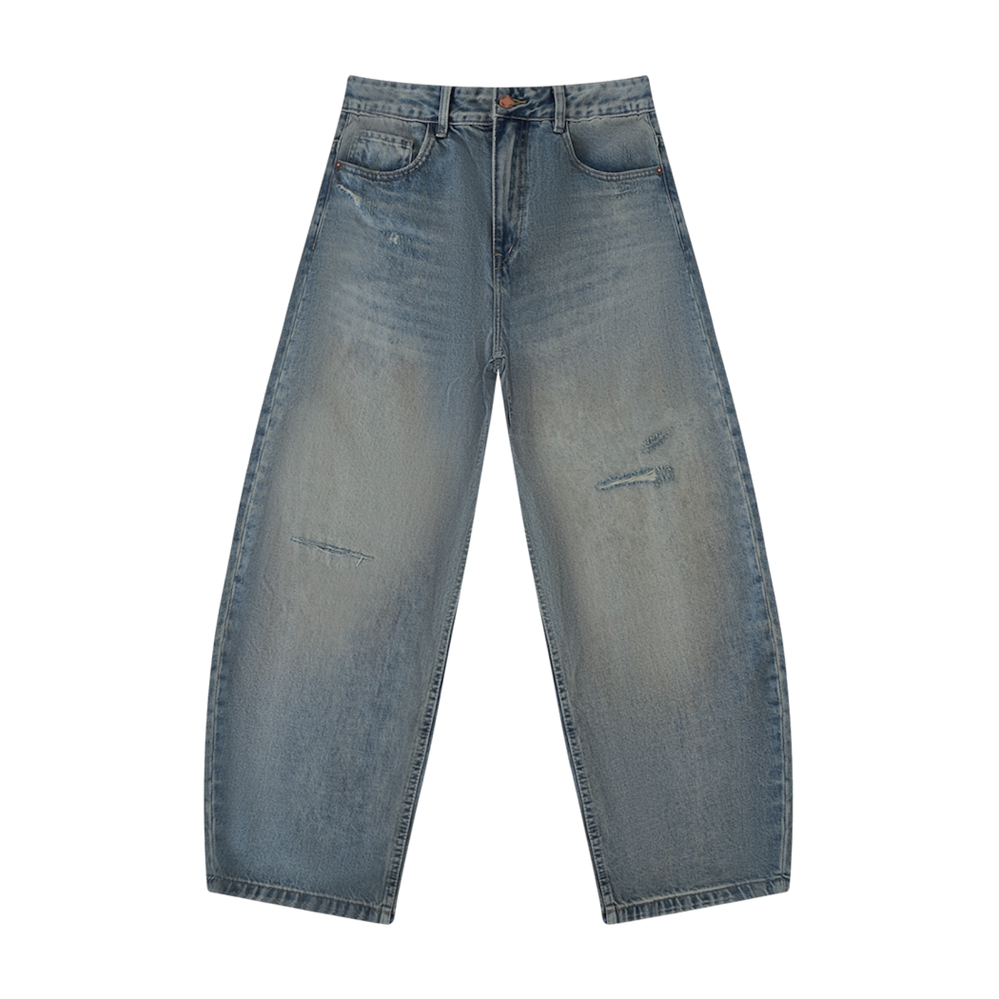 BVO® DENIM DISTRESSED BARREL LEG JEANS [BLUE]