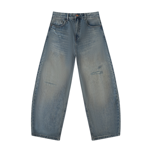 BVO® DENIM DISTRESSED BARREL LEG JEANS [BLUE]