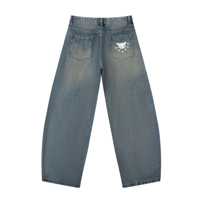 BVO® DENIM DISTRESSED BARREL LEG JEANS [BLUE]