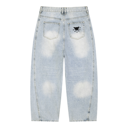 BVO® DENIM VINTAGE WASH SUNFADE BARREL LEG JEANS [LIGHT BLUE]