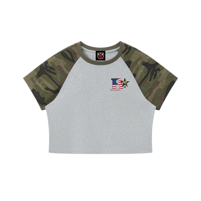 WMNS BVO® WORLD 2026 CAMO CROPPED TEE [GREY/WOODLAND CAMO]